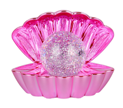 Rosa LED-Tischleuchte in Form einer geöffneten Muschel mit glitzernder Kugel, Frontalansicht