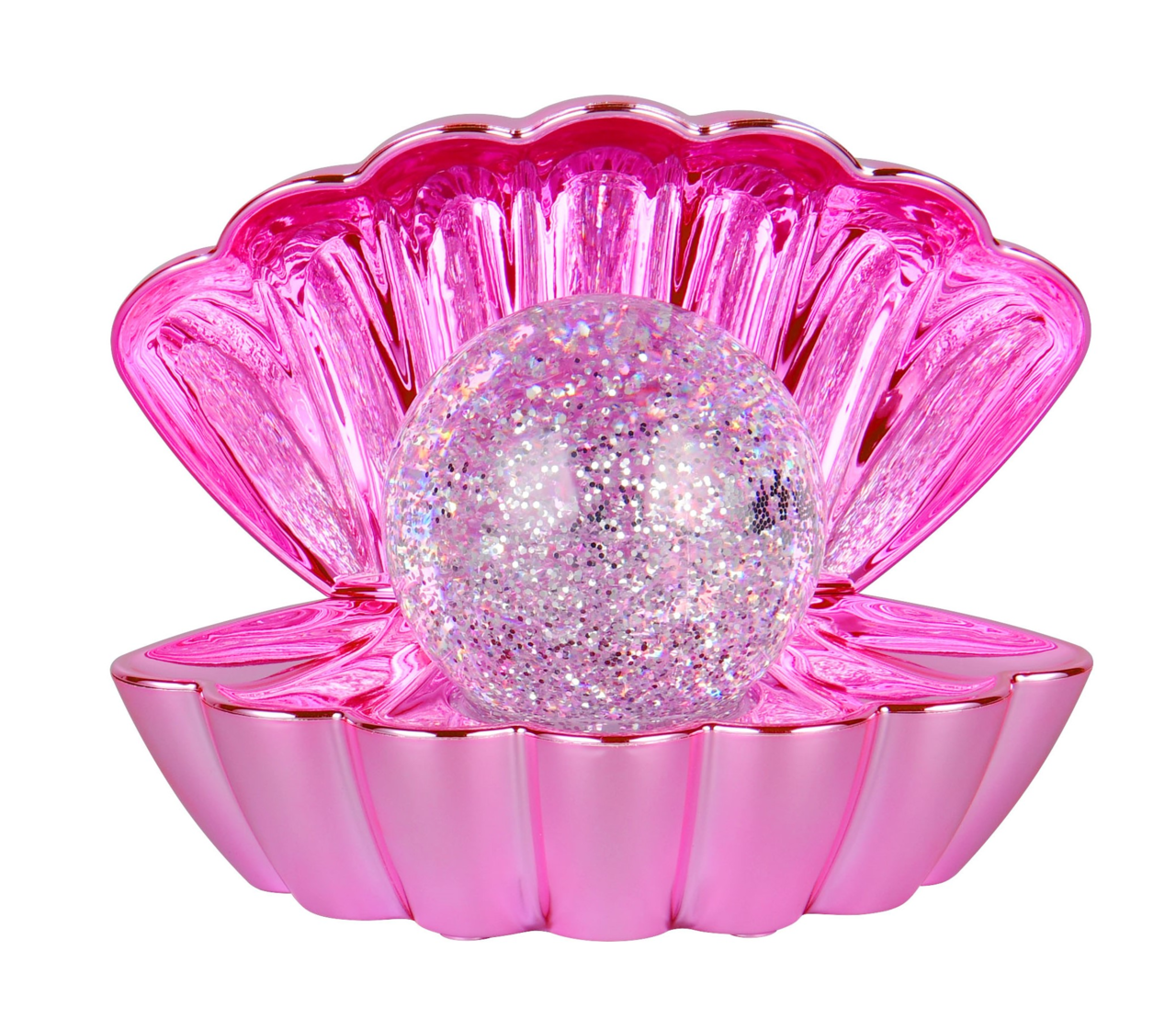 Rosa LED-Tischleuchte in Form einer geöffneten Muschel mit glitzernder Kugel, Frontalansicht
