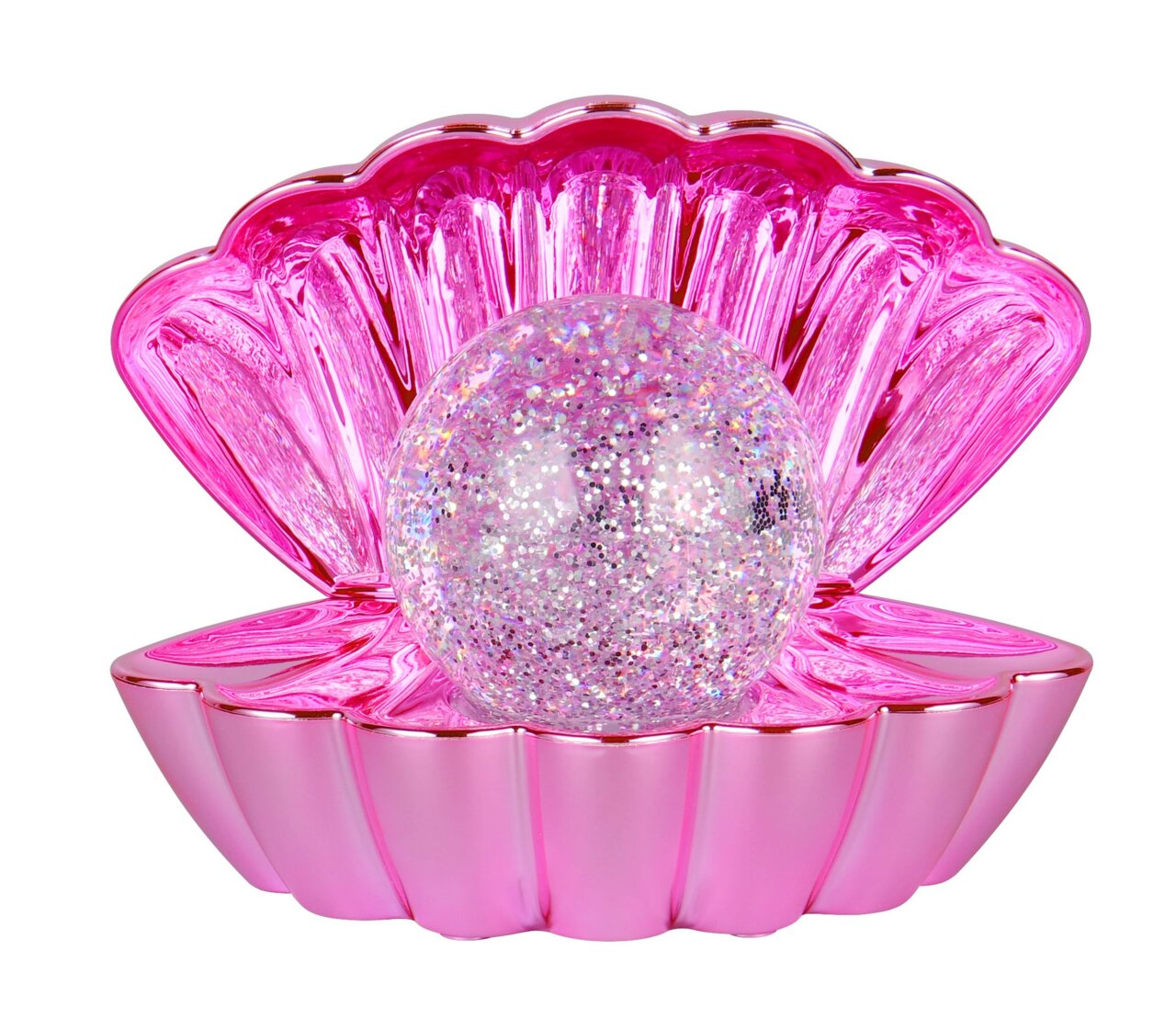 Rosa LED-Tischleuchte in Form einer geöffneten Muschel mit glitzernder Kugel, Frontalansicht