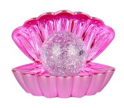 Rosa LED-Tischleuchte in Form einer geöffneten Muschel mit glitzernder Kugel, Frontalansicht