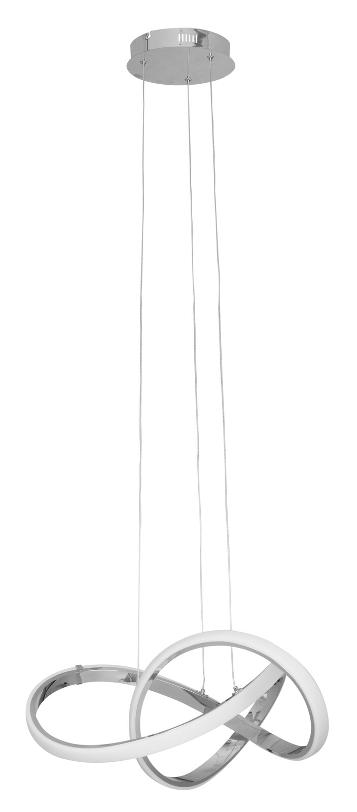 Moderne LED-Pendelleuchte mit verschlungenem Design, seitliche Perspektive