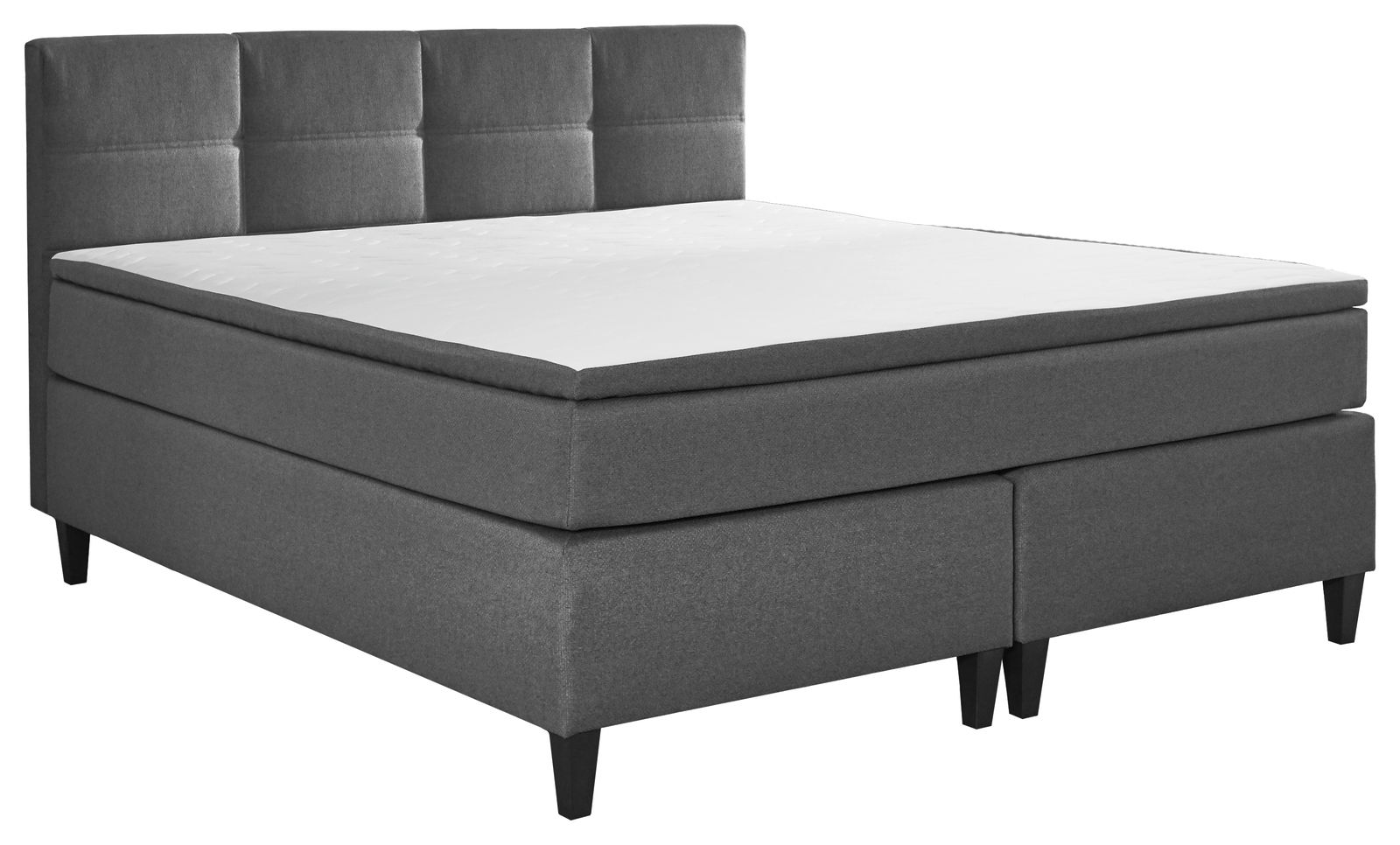 Graues Boxspringbett mit gepolstertem Kopfteil, seitliche Perspektive