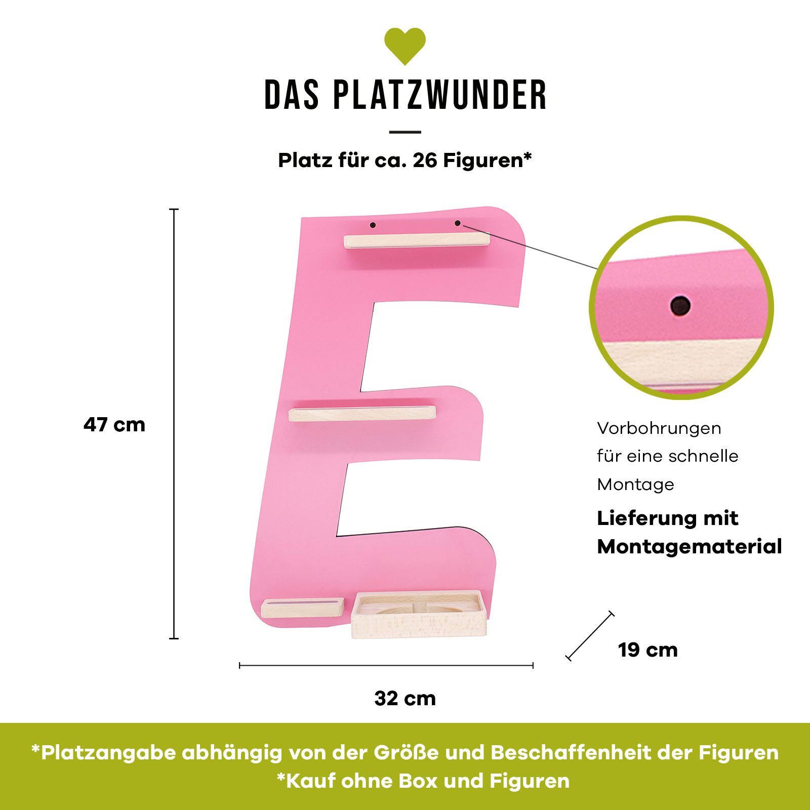 Frontansicht eines rosafarbenen, E-förmigen Wandregals/Displays aus Holz mit drei Ablageleisten und einer kleinen Box unten, ca. 47 cm hoch, 32 cm breit und 19 cm tief, mit Vorbohrungen für schnelle Montage und Platz für ca. 26 Figuren.
