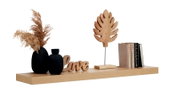 Wandboard aus Holz mit Dekorationen wie Vasen, einem Holzblatt und Büchern, seitliche Perspektive