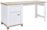 Moderner Schreibtisch mit weißem Korpus und Holzplatte, seitliche Perspektive
