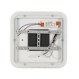 Rückansicht einer quadratischen LED-Deckenleuchte mit sichtbaren Kabeln und Befestigungselementen.