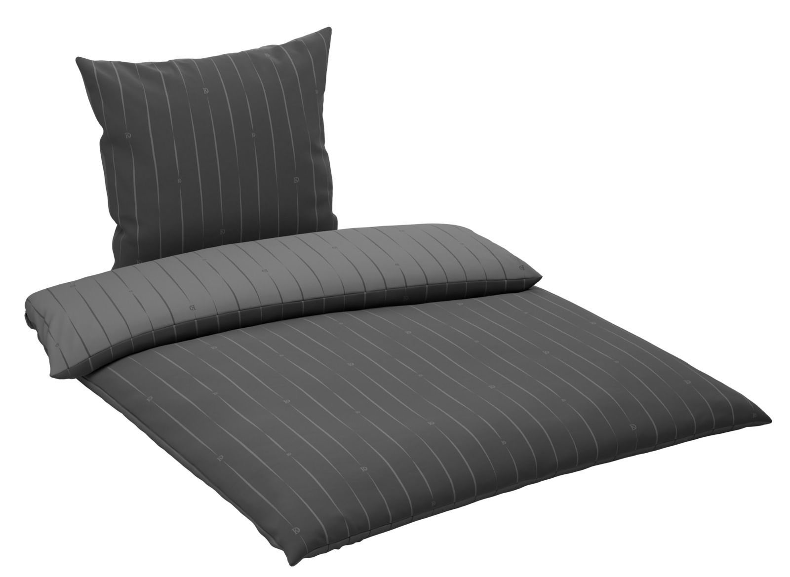 Graue Wendebettwäsche mit feinen Streifen, bestehend aus einem Kissenbezug und einem Bettdeckenbezug, aus der Vogelperspektive.