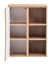 Offener Unterschrank aus Holz mit sechs Fächern, davon eines mit geöffneter Tür, Frontalansicht