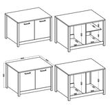 Zeichnung eines Spülenunterschranks mit zwei Türen, perspektivisch von vorne und von der Seite gezeigt, mit Maßangaben.