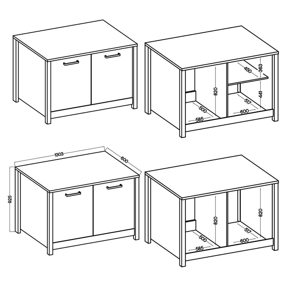Zeichnung eines Spülenunterschranks mit zwei Türen, perspektivisch von vorne und von der Seite gezeigt, mit Maßangaben.