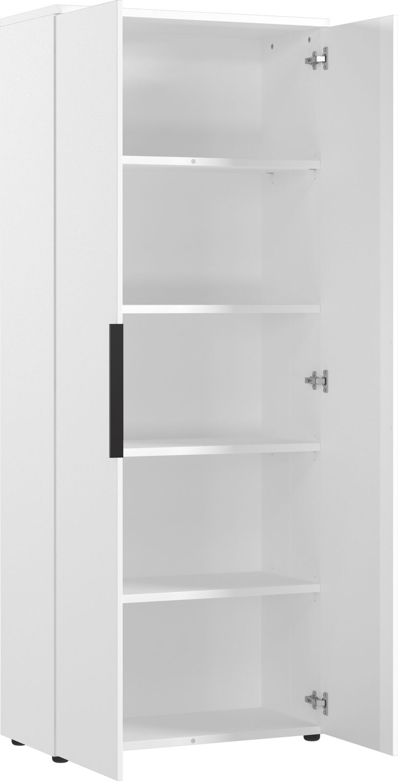 Weißer Aktenschrank mit geöffneter Tür, vier Einlegeböden und schwarzem Griff, seitliche Perspektive