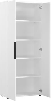 Weißer Aktenschrank mit geöffneter Tür, vier Einlegeböden und schwarzem Griff, seitliche Perspektive