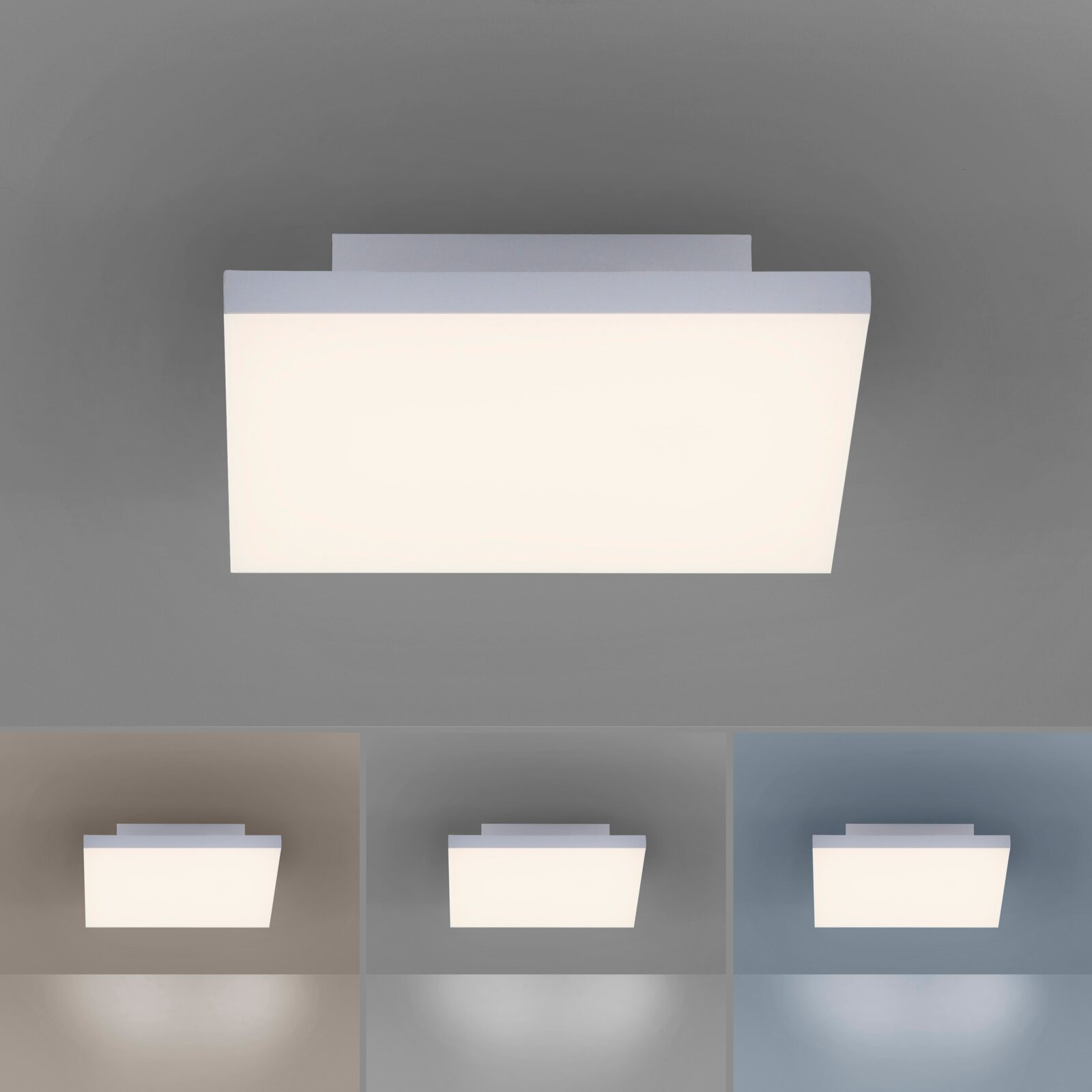 Moderne rechteckige LED-Deckenleuchte in Weiß mit flacher, minimalistischer Form, leuchtend an der Decke montiert, Ansicht von unten/leicht frontal.