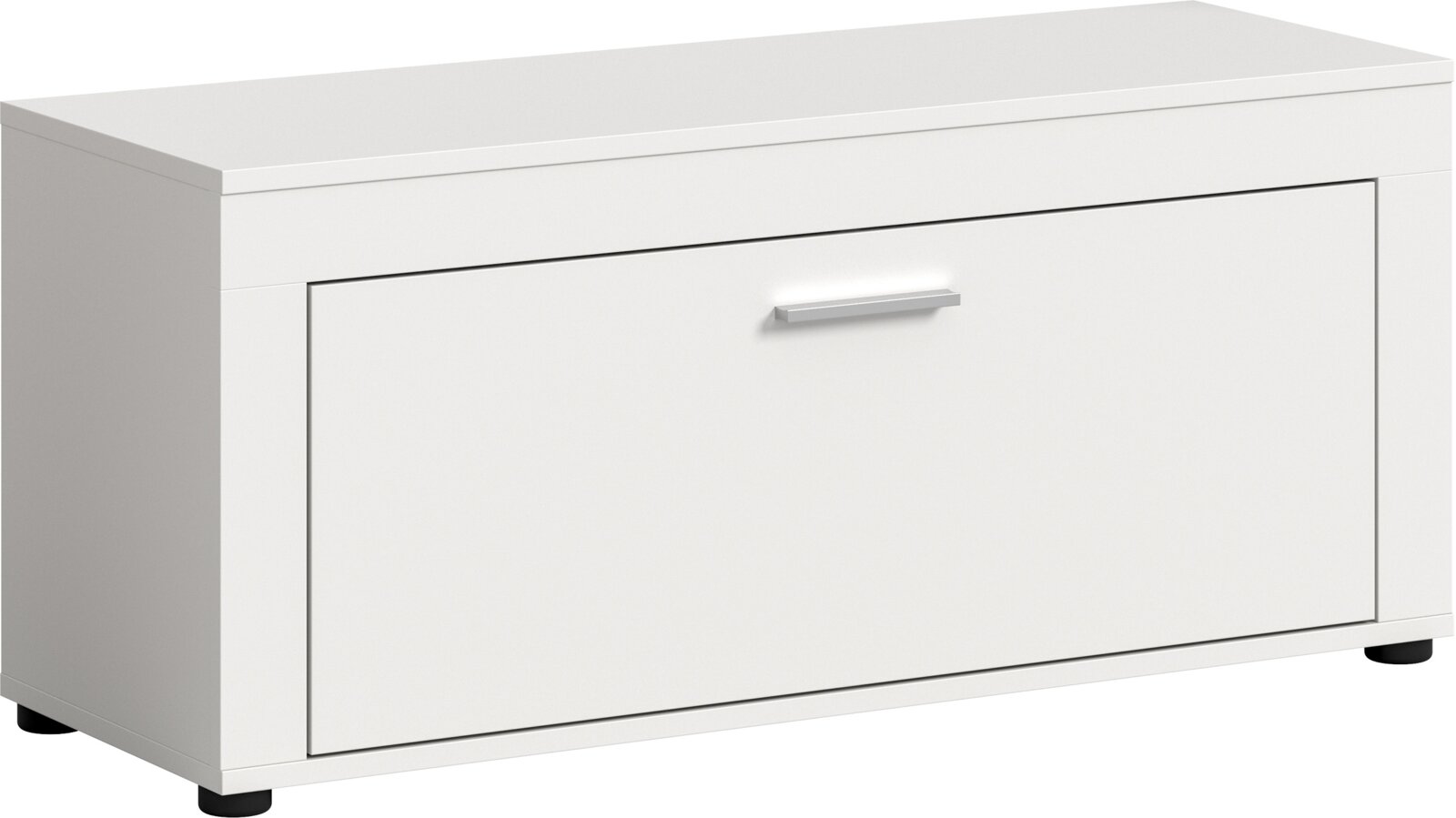 MID.YOU Sitzbank JAM Weiße Schuhbank/Schuhschrank mit Klappfach und silbernem Griff, freigestellt vor weißem Hintergrund, in schräger Vorderansicht von links