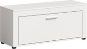 Weiße Schuhbank/Schuhschrank mit Klappfach und silbernem Griff, freigestellt vor weißem Hintergrund, in schräger Vorderansicht von links