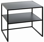 Moderner schwarzer Beistelltisch mit zwei Ebenen, seitliche Perspektive