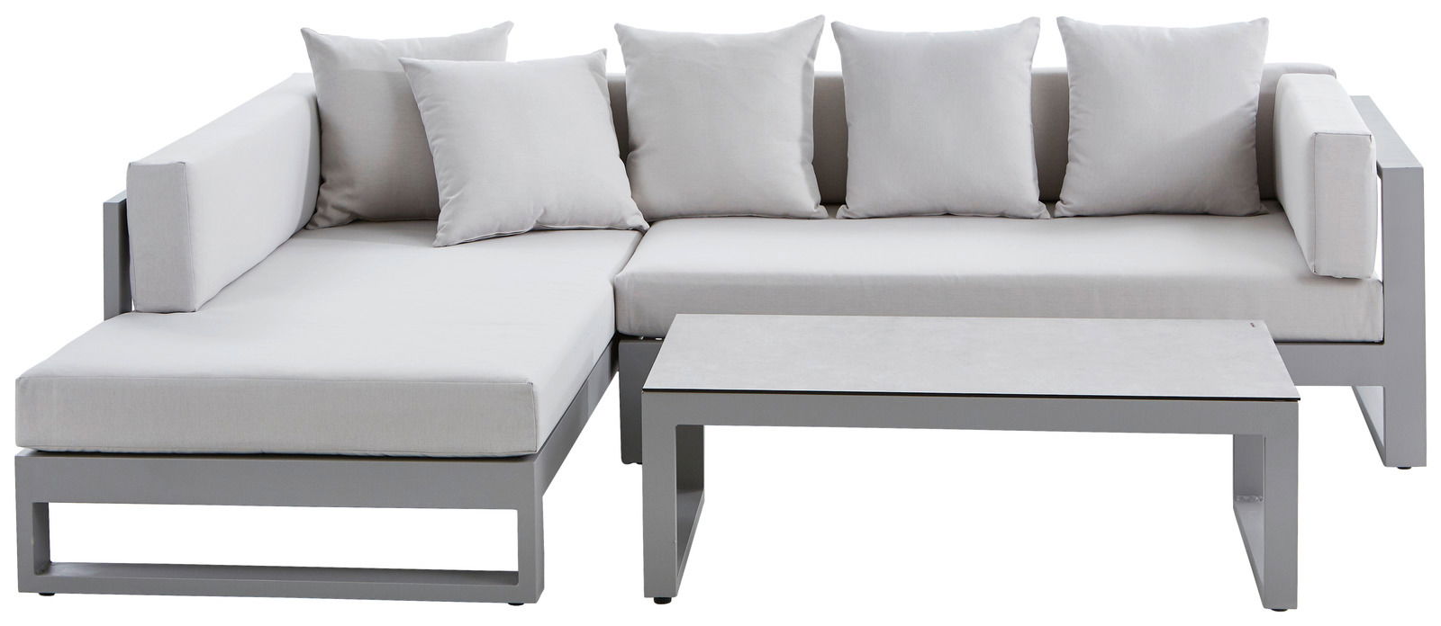 Modernes Lounge-Set mit grauem Metallrahmen und hellgrauen Kissen, bestehend aus einem Ecksofa und einem rechteckigen Tisch, frontal betrachtet.