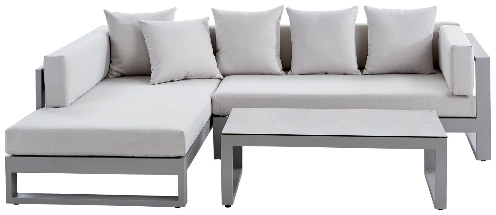 Modernes Lounge-Set mit grauem Metallrahmen und hellgrauen Kissen, bestehend aus einem Ecksofa und einem rechteckigen Tisch, frontal betrachtet.