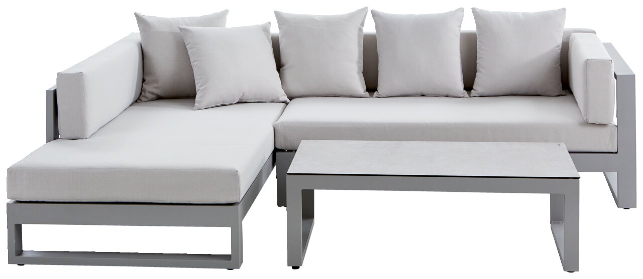 Modernes Lounge-Set mit grauem Metallrahmen und hellgrauen Kissen, bestehend aus einem Ecksofa und einem rechteckigen Tisch, frontal betrachtet.