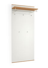 XL-Garderobenpaneel aus der Serie LOVENO von VOSS, frontal abgebildet. Weißes Paneel mit Holzakzenten, Kleiderstange und Haken.