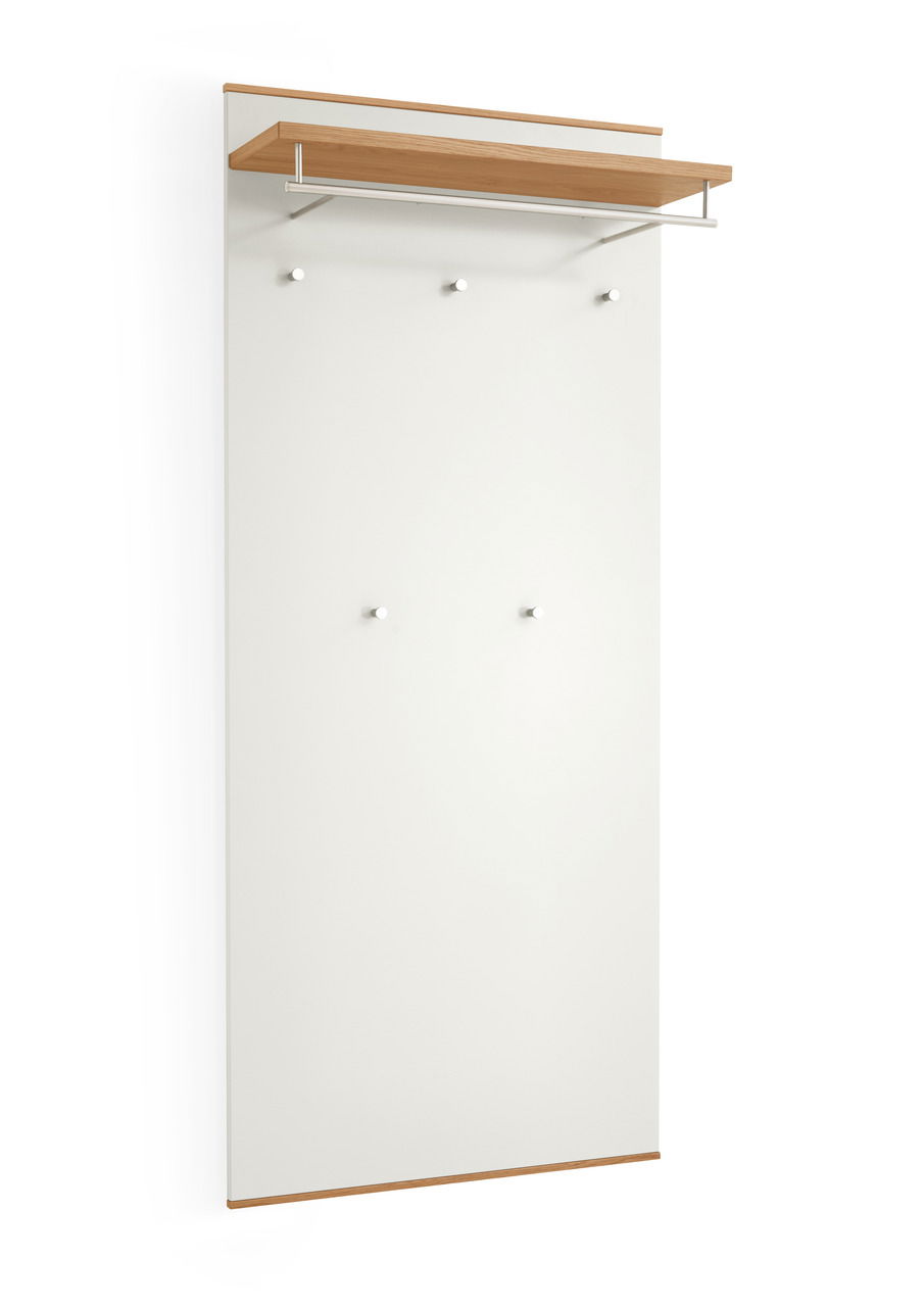 VOSS XL-Garderobenpaneel LOVENO XL-Garderobenpaneel aus der Serie LOVENO von VOSS, frontal abgebildet. Weißes Paneel mit Holzakzenten, Kleiderstange und Haken.