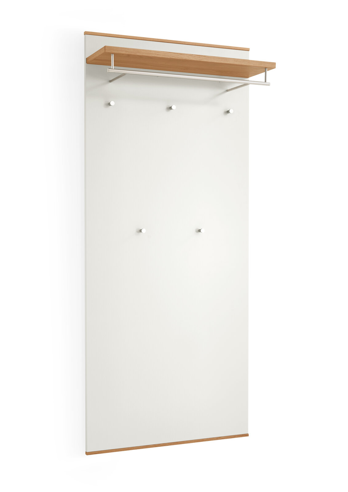 VOSS XL-Garderobenpaneel LOVENO XL-Garderobenpaneel aus der Serie LOVENO von VOSS, frontal abgebildet. Weißes Paneel mit Holzakzenten, Kleiderstange und Haken.