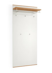 XL-Garderobenpaneel aus der Serie LOVENO von VOSS, frontal abgebildet. Weißes Paneel mit Holzakzenten, Kleiderstange und Haken.