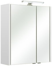 Moderner Spiegelschrank mit zwei Türen und integrierter Beleuchtung, seitliche Perspektive.