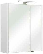 Moderner Spiegelschrank mit zwei Türen und integrierter Beleuchtung, seitliche Perspektive.