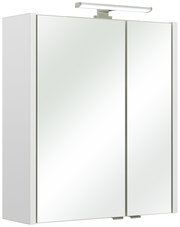 Moderner Spiegelschrank mit zwei Türen und integrierter Beleuchtung, seitliche Perspektive.