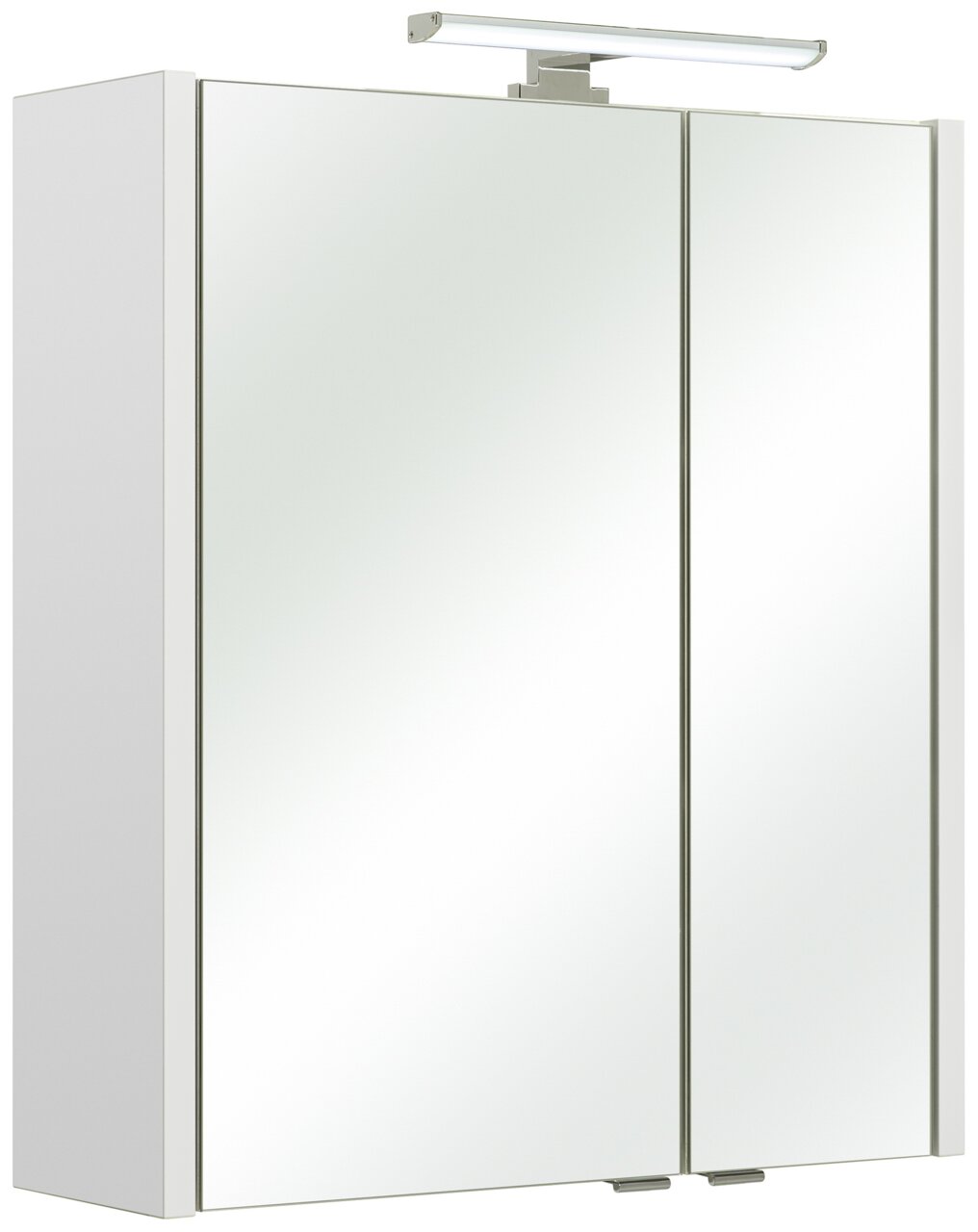 Moderner Spiegelschrank mit zwei Türen und integrierter Beleuchtung, seitliche Perspektive.