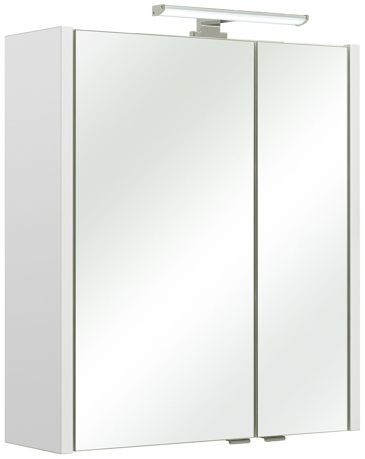 Moderner Spiegelschrank mit zwei Türen und integrierter Beleuchtung, seitliche Perspektive.