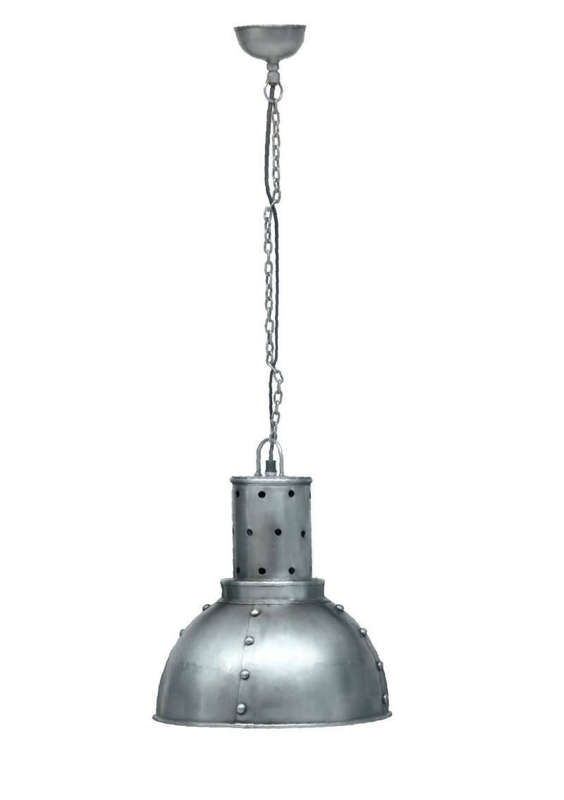 Industrielle Deckenlampe aus Metall mit Kettenaufhängung, seitliche Perspektive