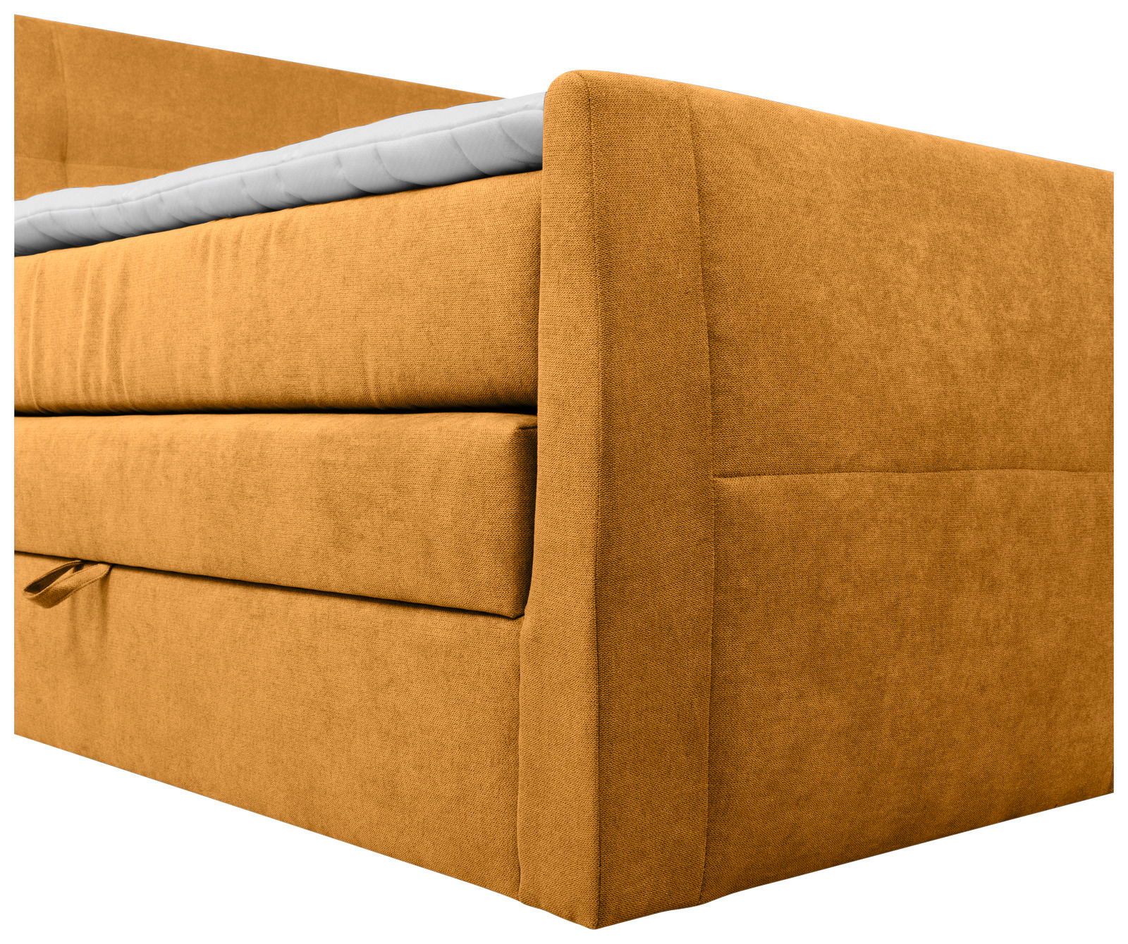 Nahaufnahme eines Boxspringbetts in senfgelber Farbe, seitliche Perspektive