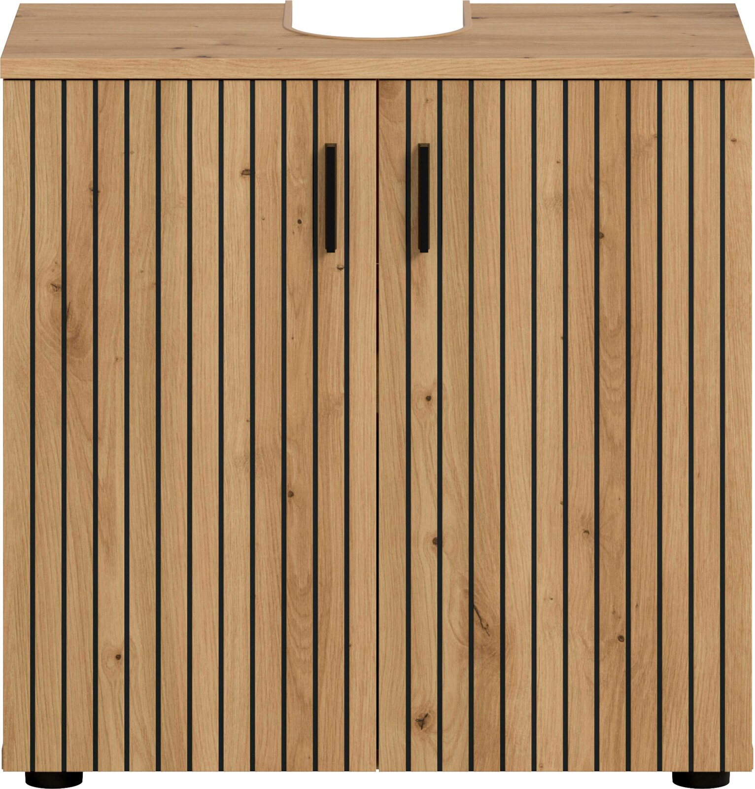 Waschtischunterschrank aus hellem Holz mit vertikaler Lamellenfront und zwei schwarzen Griffen, oben Ausschnitt für Waschbecken; Frontalansicht