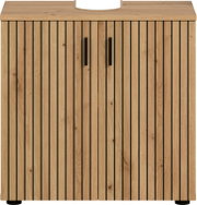 Waschtischunterschrank aus hellem Holz mit vertikaler Lamellenfront und zwei schwarzen Griffen, oben Ausschnitt für Waschbecken; Frontalansicht