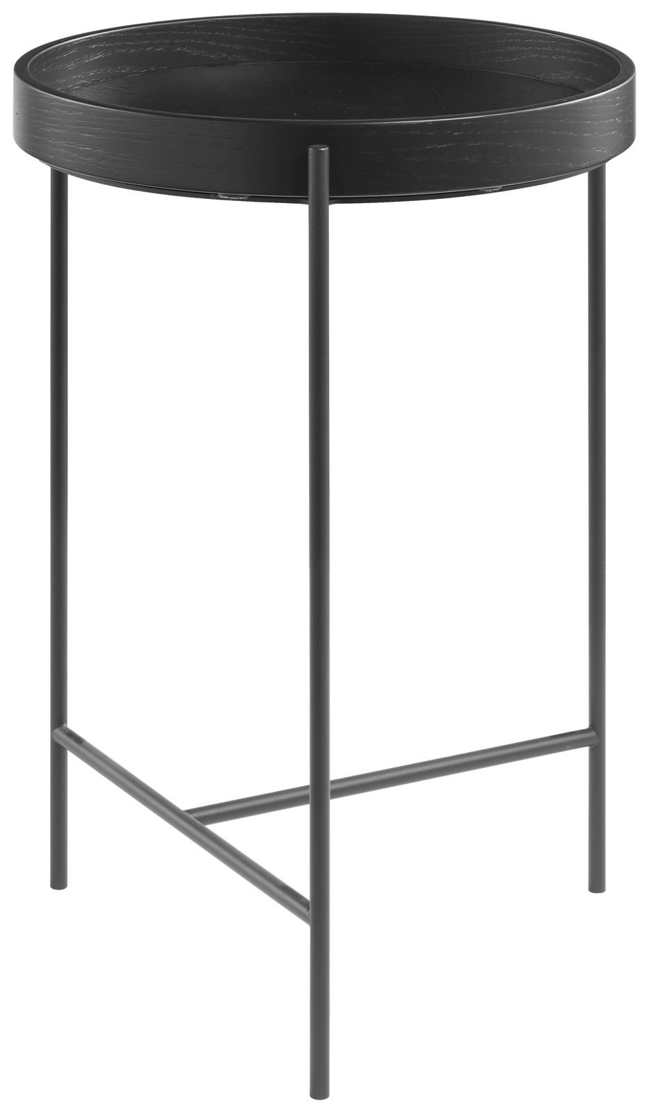 Runder Beistelltisch aus schwarzem Metall mit schlanken Beinen, seitliche Perspektive