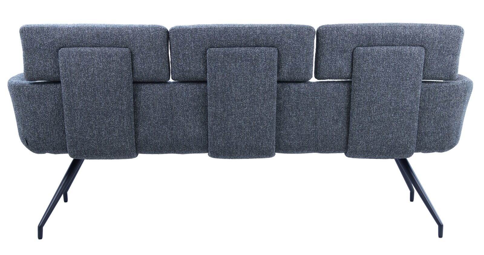 Rückansicht einer modernen grauen Sitzbank mit drei gepolsterten Rückenkissen und schwarzen Metallbeinen.