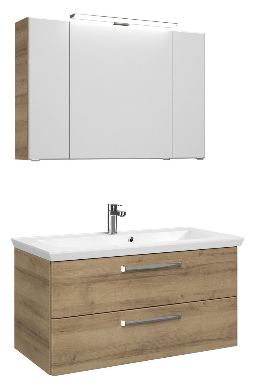 Moderner Badblock mit Holzoptik und weißem Waschbecken, frontal abgebildet. Oberschrank mit Spiegel und integrierter Beleuchtung.