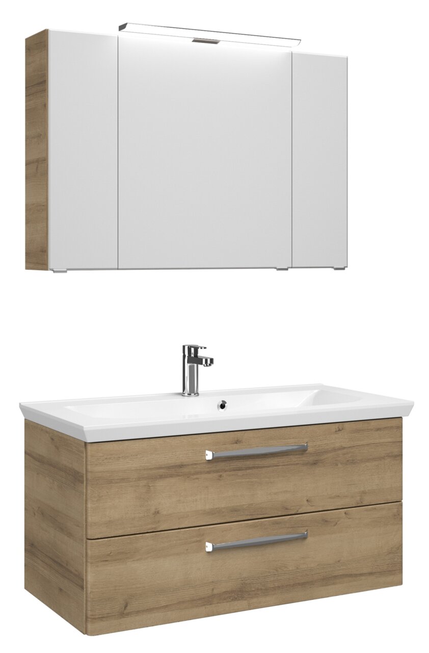 Moderner Badblock mit Holzoptik und weißem Waschbecken, frontal abgebildet. Oberschrank mit Spiegel und integrierter Beleuchtung.