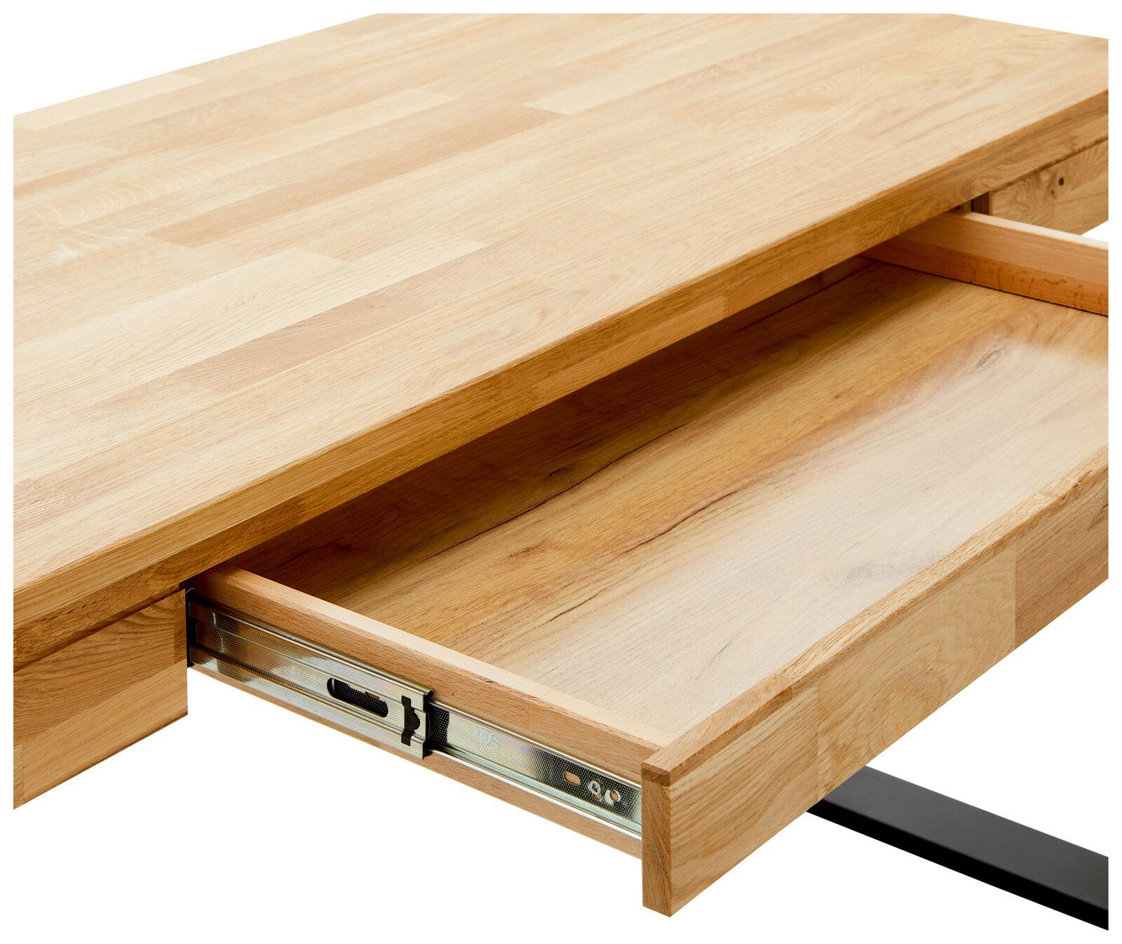 Nahaufnahme eines Schreibtisches aus Holz mit geöffneter Schublade, seitliche Perspektive