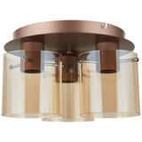 Moderne Deckenleuchte Beth mit drei zylindrischen, transparenten Lampenschirmen in einer warmen Bernsteinfarbe, aus seitlicher Perspektive betrachtet.