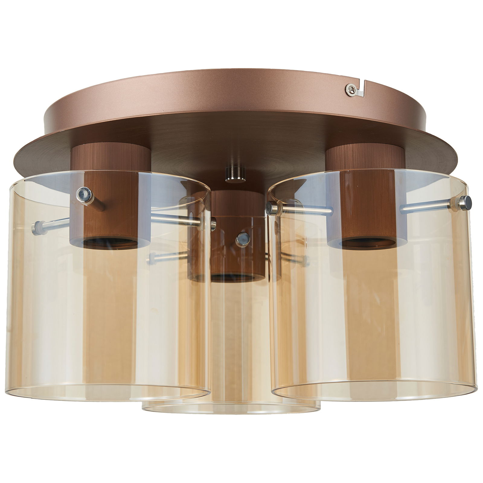 Brilliant Leuchten Wand-& Deckenleuchte BETH Moderne Deckenleuchte Beth mit drei zylindrischen, transparenten Lampenschirmen in einer warmen Bernsteinfarbe, aus seitlicher Perspektive betrachtet.