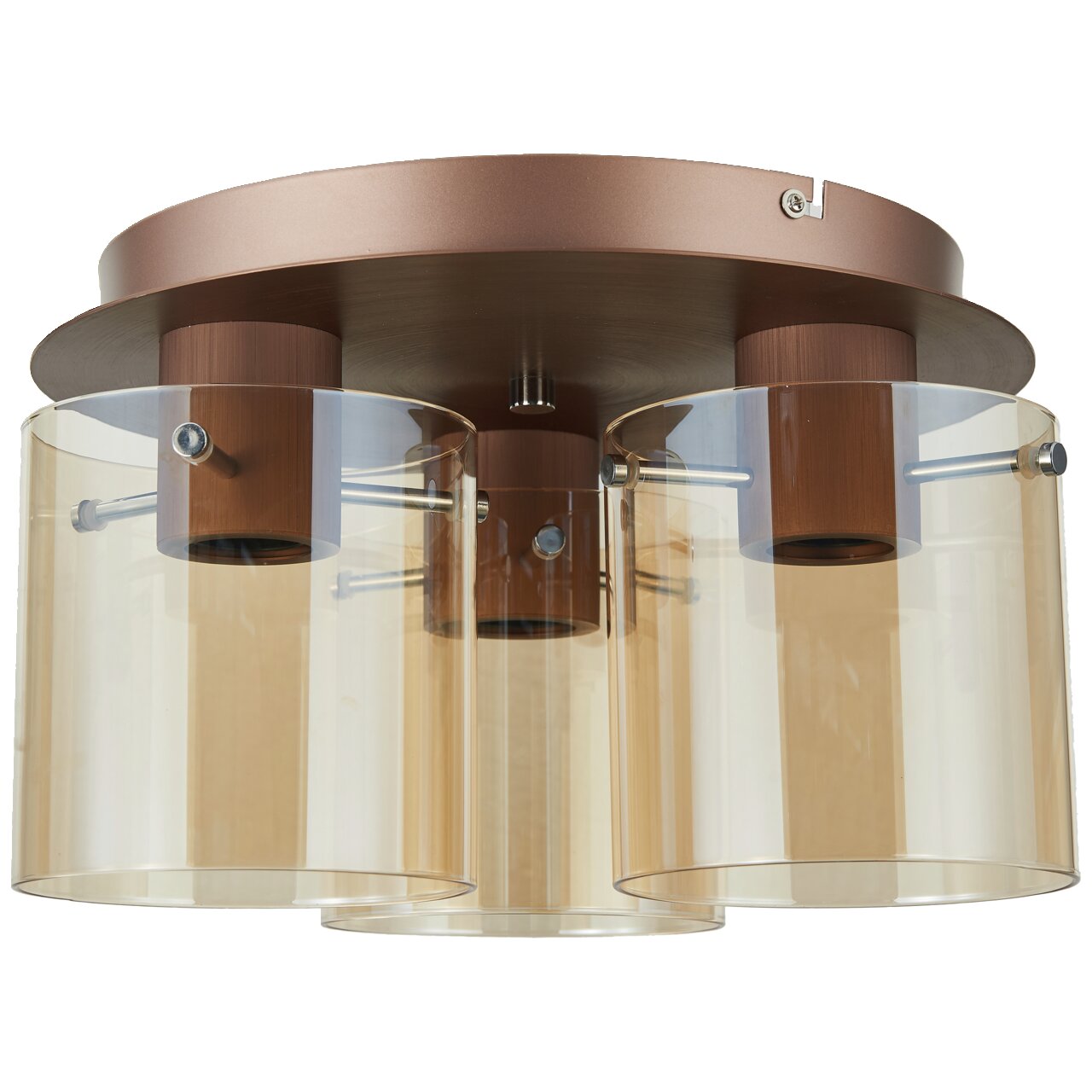 Brilliant Leuchten Wand-& Deckenleuchte BETH Moderne Deckenleuchte Beth mit drei zylindrischen, transparenten Lampenschirmen in einer warmen Bernsteinfarbe, aus seitlicher Perspektive betrachtet.