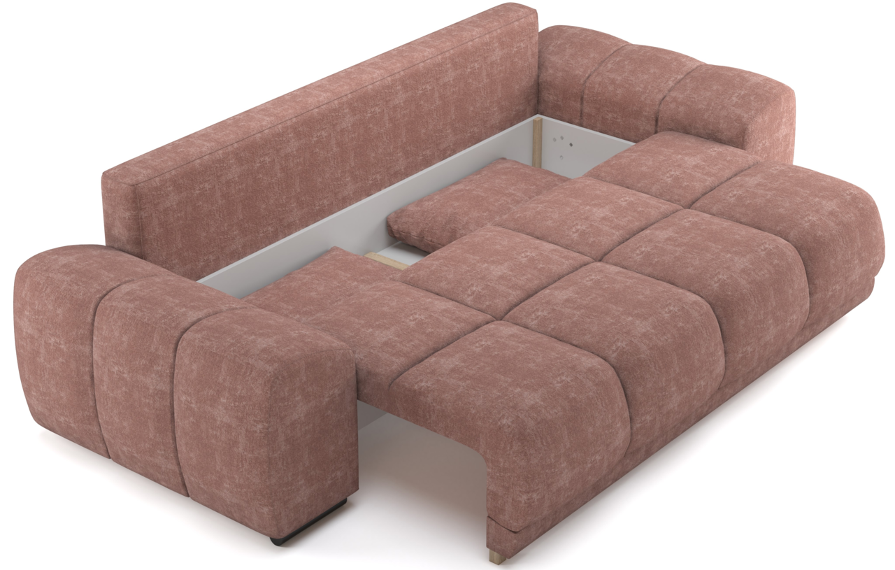 Rückansicht eines braunen Funktionssofas mit ausgezogener Liegefläche.