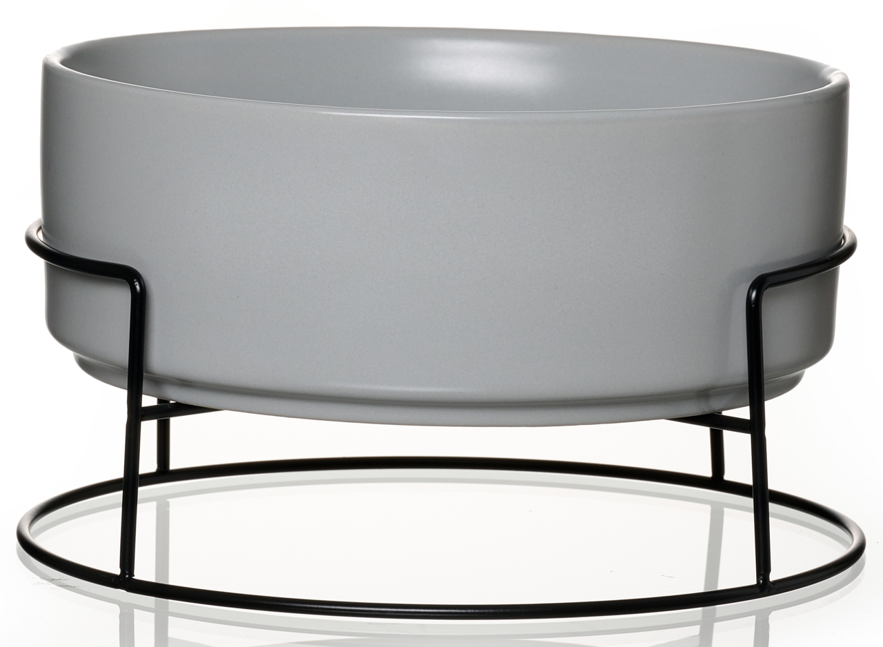 Grauer Napf mit schwarzem Metallständer, seitliche Perspektive