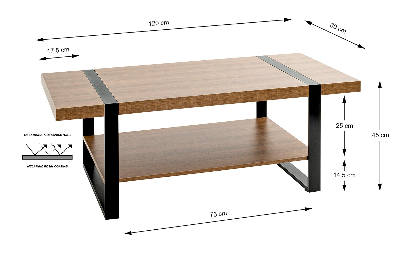 Moderner rechteckiger Couchtisch in Holzoptik mit schwarzem Metallgestell und Ablageboden, Maße ca. 120 x 60 x 45 cm, dargestellt in schräger Frontansicht (3/4-Perspektive) mit Maßangaben und Hinweis auf Melaminharzbeschichtung.