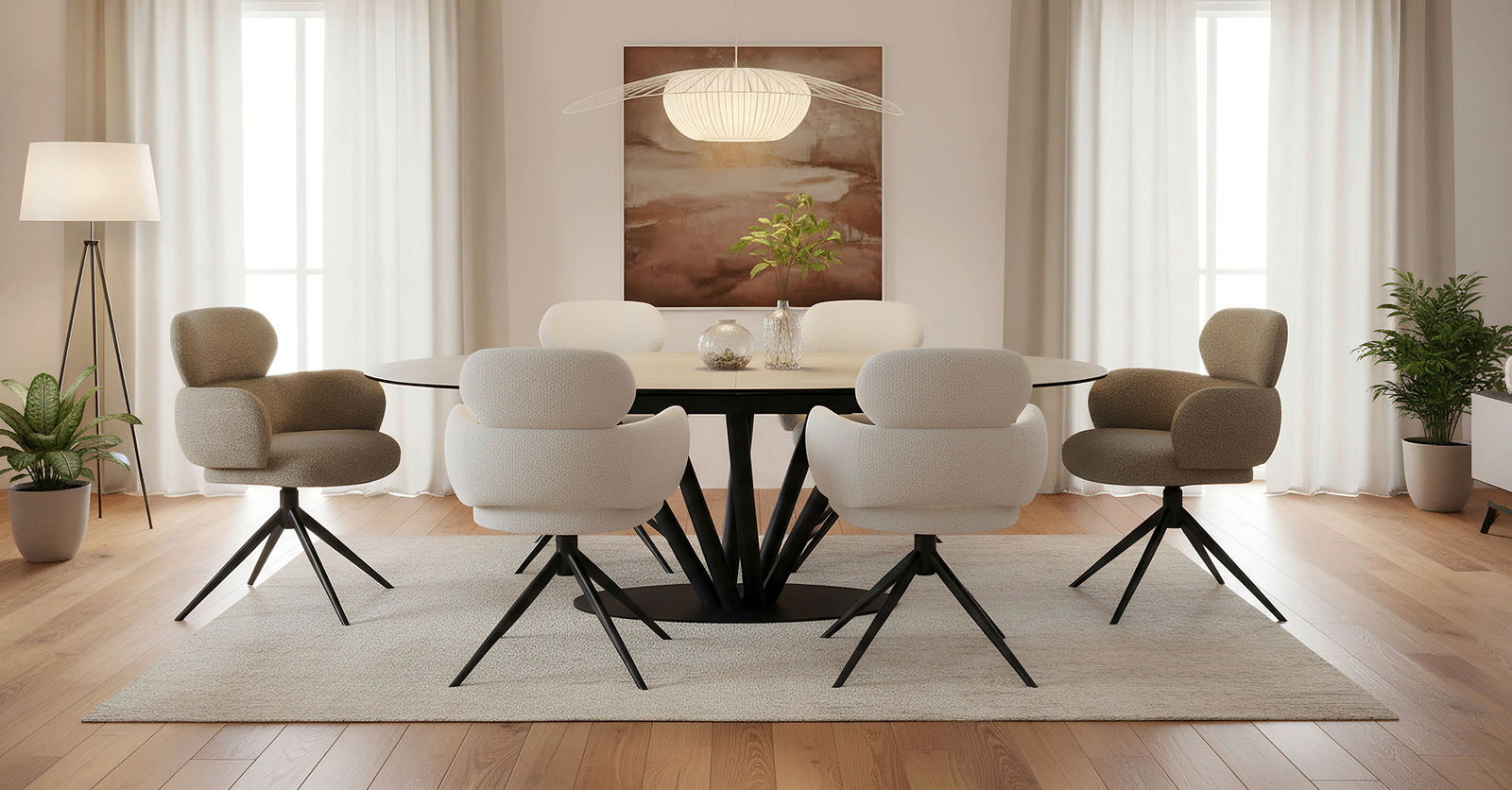 Moderner Esstisch mit sechs gepolsterten Stühlen in einem stilvoll eingerichteten Esszimmer, frontal betrachtet.