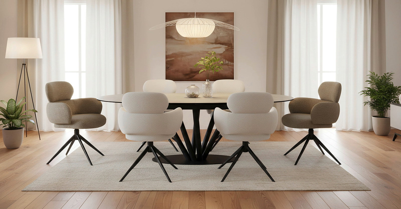 Moderner Esstisch mit sechs gepolsterten Stühlen in einem stilvoll eingerichteten Esszimmer, frontal betrachtet.