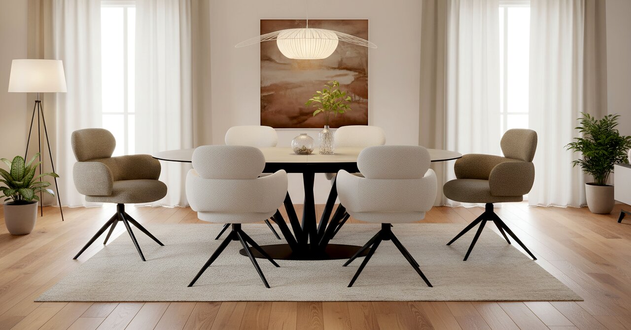 Moderne eettafel met zes gestoffeerde stoelen in een stijlvol ingerichte eetkamer, gezien van voren.